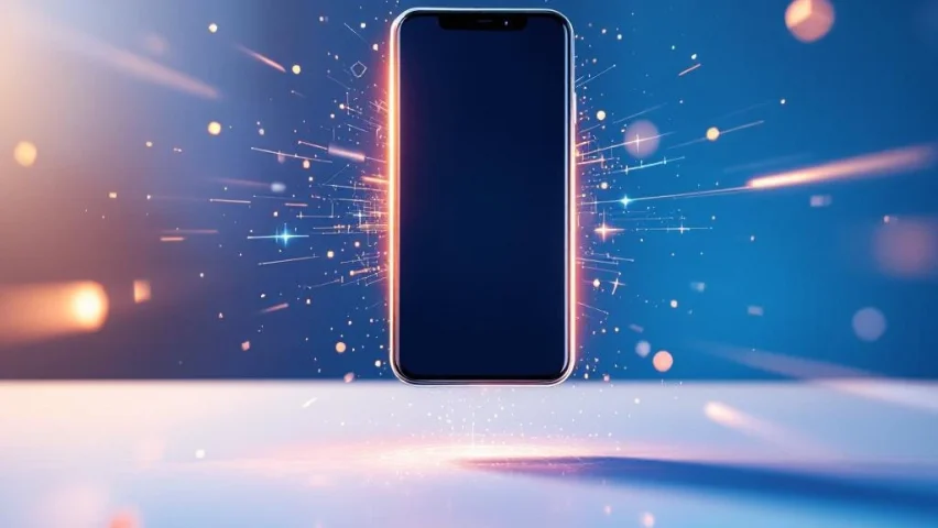 Moderne smartphone met video-opname interface zweeft boven wit bureau met blauwe en oranje lichteffecten