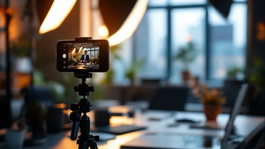 Smartphone op statief filmt professionele bedrijfsscène met studioverlichting en minimalistische bureauopstelling
