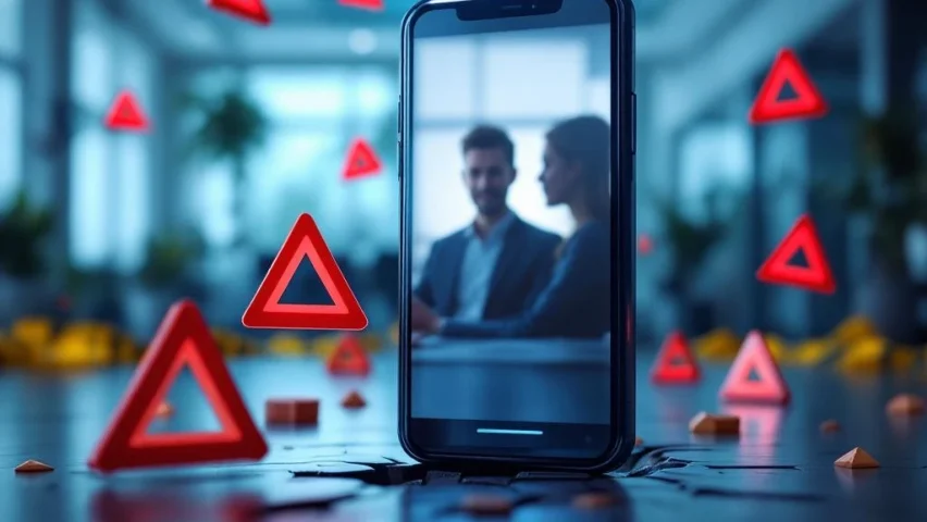 Smartphone neemt video op omringd door rode waarschuwingsborden en gevaarssymbolen in moderne kantooromgeving