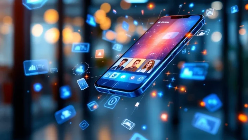 Smartphone met videobel-interface toont meerdere deelnemers, zwevend in moderne kantooromgeving met holografische iconen