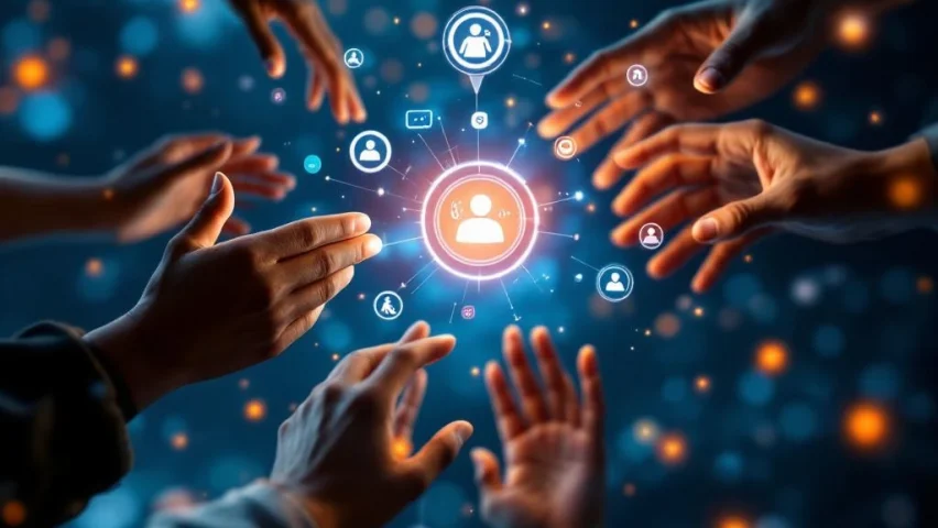 Diverse handen reiken naar gloeiende digitale interface met toegankelijkheidssymbolen en communicatie-elementen