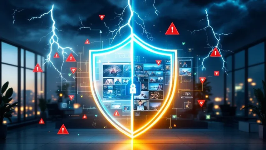 Moderne kantooromgeving met beschermde en kwetsbare videoschermen, beveiligingsschild met slot versus cyberaanvallen