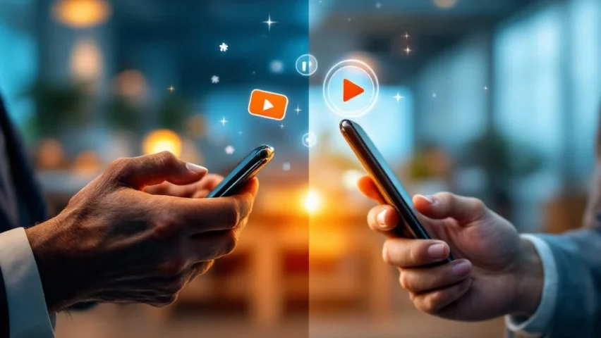 Twee handen met smartphones tonen generatiekloof in videocommunicatie, oudere hand aarzelend, jongere hand actief opnemend