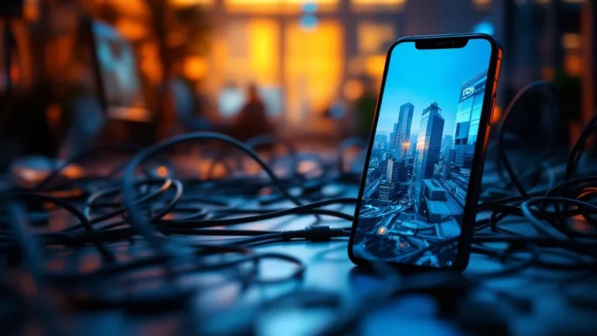 Smartphone met video-interface op bureau met verwarde kabels, toont overgang van chaotische naar gestroomlijnde communicatie