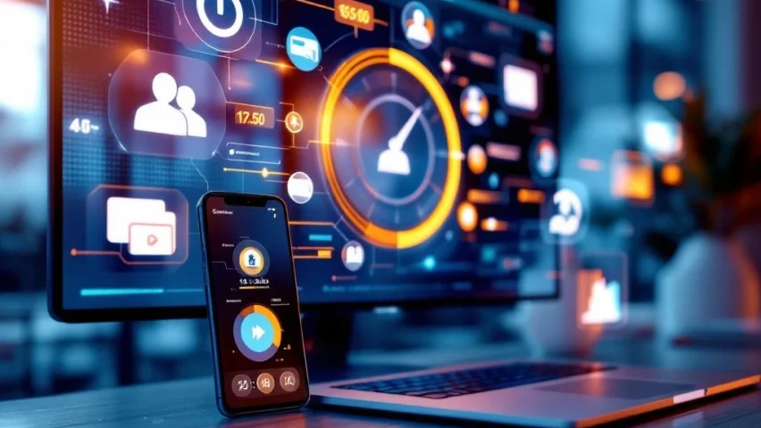 Moderne kantooromgeving met smartphone en laptop die videocommunicatie-interfaces tonen, omringd door digitale pictogrammen