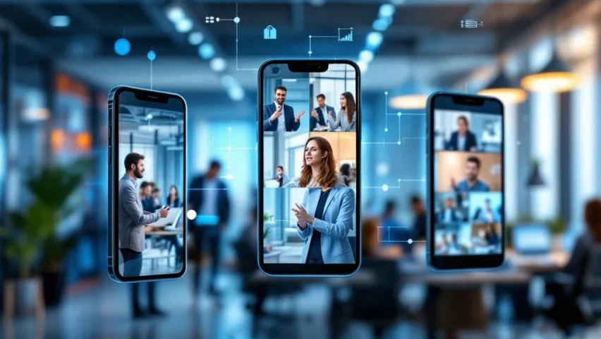 Zwevende smartphones tonen video-opnames van diverse werknemers in modern kantoor met digitale verbindingslijnen