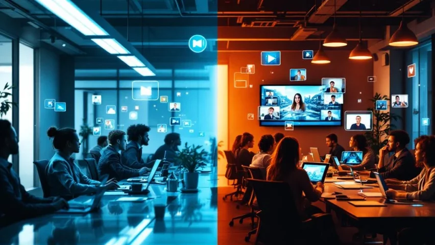 Kantoormedewerkers in traditionele vergaderruimte versus moderne werkplek met video-communicatie en digitale tools