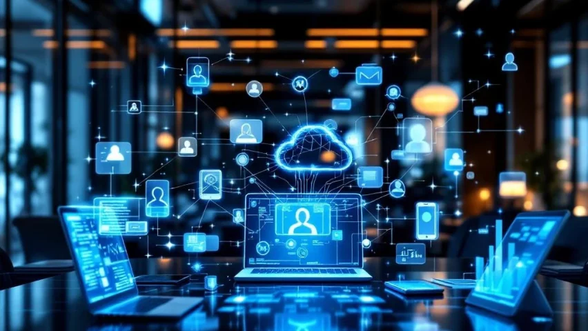 Modern kantooromgeving met laptops en holografische videocommunicatie-iconen zwevend boven apparaten in blauw-wit