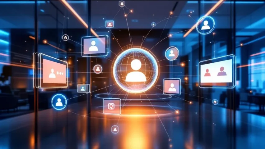 Moderne kantooromgeving met zwevende schermen die videobel-interfaces tonen, omringd door holografische platformiconen