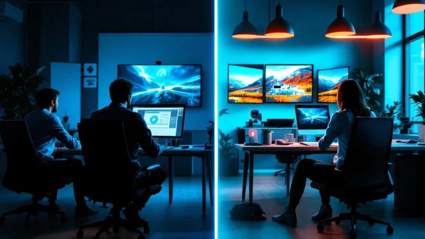 Kantoormedewerkers links onbetrokken bij schermen, rechts samenwerkend met moderne video-apparatuur in heldere werkruimte