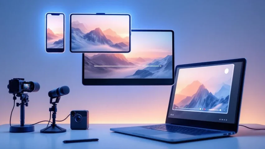Moderne kantooropstelling met zwevende digitale schermen die verschillende videoformaten tonen op smartphone, tablet en laptop