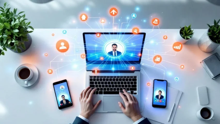 Moderne kantoorwerkplek met laptop, tablet en smartphone die videogesprekken tonen, verbonden door blauwe digitale lijnen