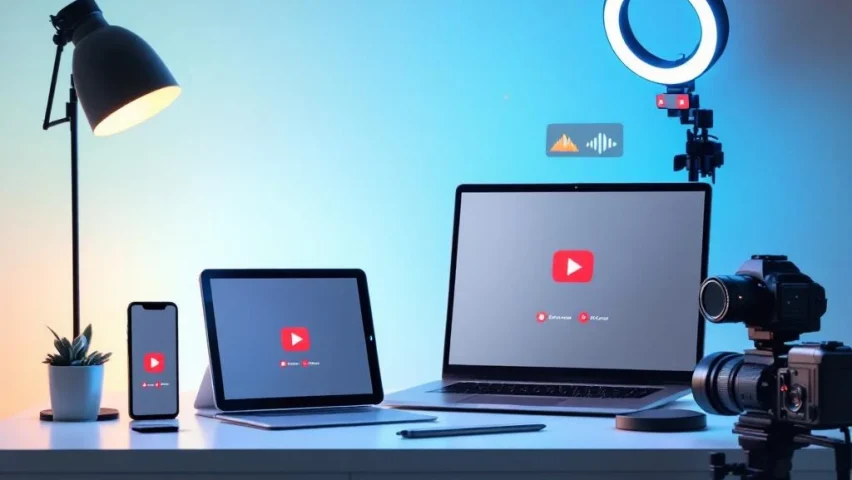 Moderne werkplek met smartphone, tablet, laptop en camera die video-opname-interfaces tonen op wit bureau met studiobelichting