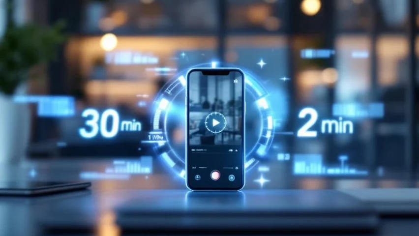 Smartphone met video-opname interface op modern bureau, omringd door zwevende klokken met tijdsduren voor video-optimalisatie