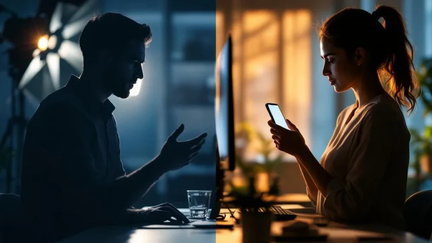 Persoon met smartphone in warm kantoor versus nerveuze silhouet bij intimiderende professionele camera-opstelling