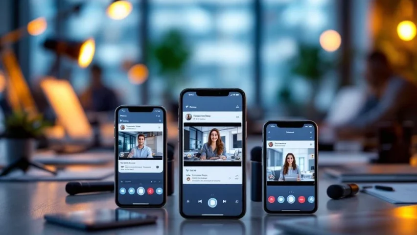 Moderne werkplek met smartphones en tablets die video-opname-interfaces tonen, omringd door professionele apparatuur