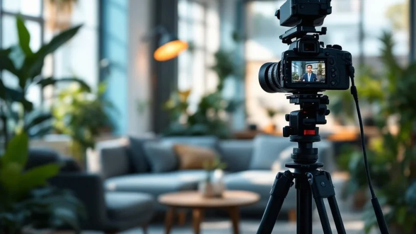 Professionele videocamera op statief in moderne kantooromgeving met zachte verlichting en comfortabele zithoek