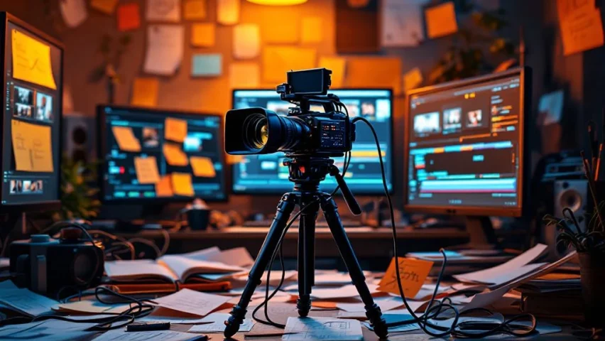 Chaotisch videoproductiekantoor met verspreide papieren, verwarde kabels en scheef geplaatste camera op statief