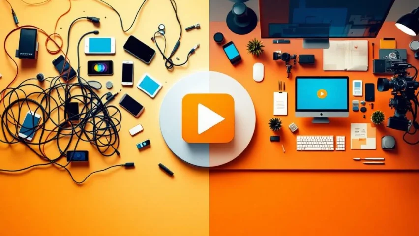 Videoproductie transformatie: chaotische werkplek met kabels links, professionele georganiseerde studio rechts, play-knop in midden