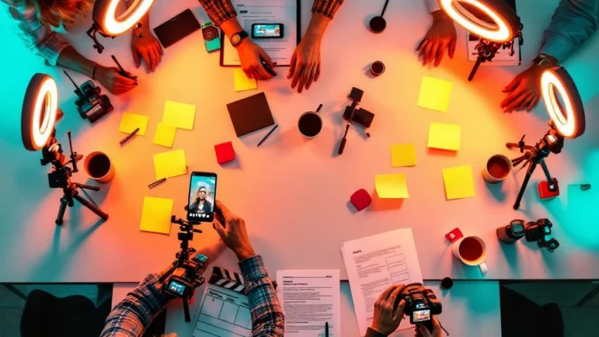 Moderne kantoorwerkplek met video-opnameapparatuur, smartphones op statieven, ringlichten en kleurrijke planning boards
