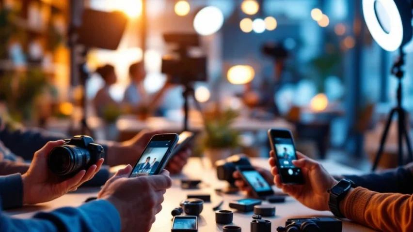 Diverse handen houden smartphones en camera's vast in moderne kantooromgeving met professionele videoapparatuur