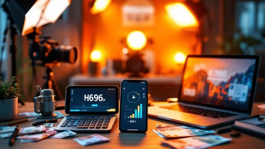 Moderne bureauopstelling met laptop voor videobewerking, eurobiljetten, calculator en professionele camera-apparatuur op achtergrond