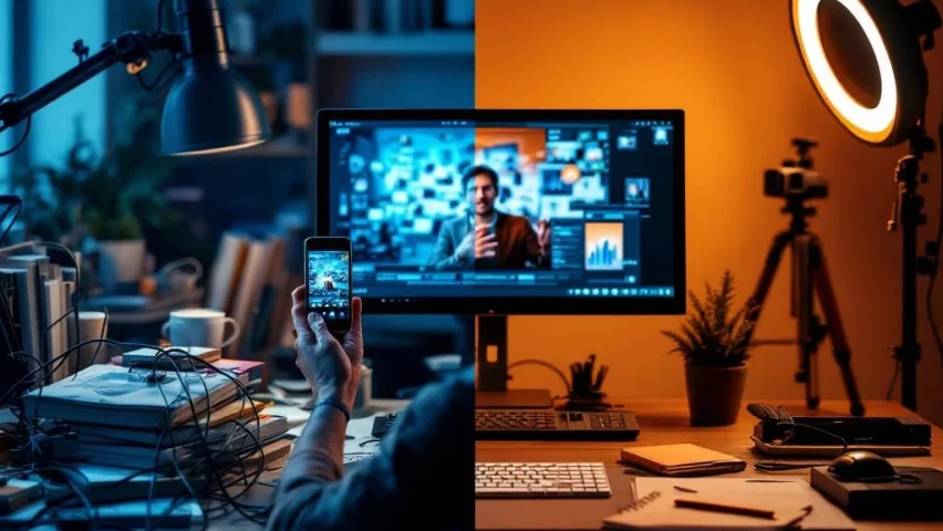 Professionele videoproductie setup met verlichting en statief tegenover rommelige thuiswerkplek met verwarde kabels