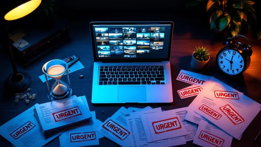 Bovenaanzicht van modern bureau met laptop vol videominiaturen, urgente documenten en bijna lege zandloper die tijdsdruk toont
