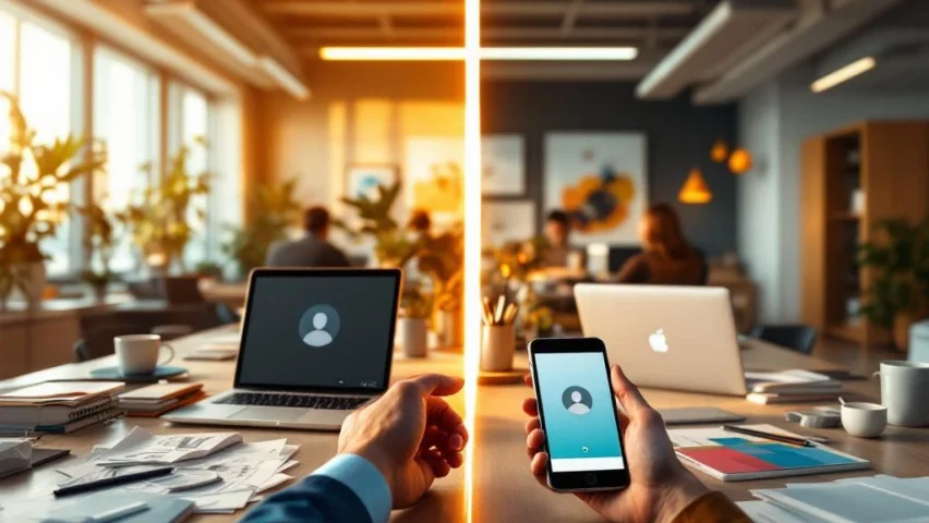 Kantooromgeving toont transformatie van weerstand naar samenwerking met laptops, smartphones en video-interfaces in blauw-oranje kleuren