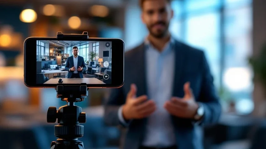 Zakenvrouw geeft presentatie voor smartphone op statief in modern kantoor voor video communicatietraining