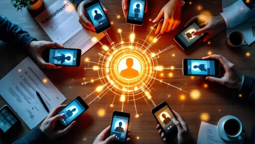 Moderne kantoorwerkplek met smartphones en tablets die videogesprekken tonen, gerangschikt rond een gloeiend kennisdelingspictogram