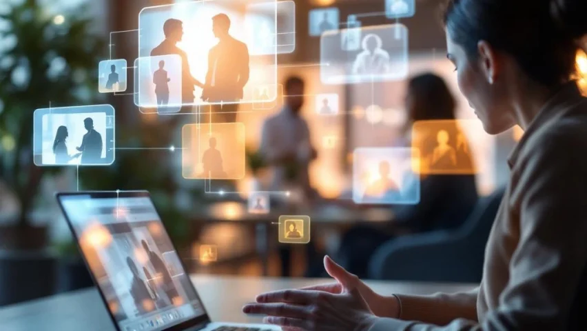 Moderne kantooromgeving met zwevende videogesprekschermen en handen die naar laptop wijzen in collaboratieve werkruimte