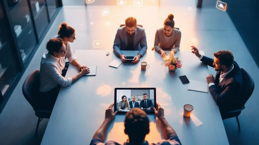 Diverse professionals rond vergadertafel met Vormats videocall op tablet, holografische communicatie-iconen boven moderne kantoorruimte