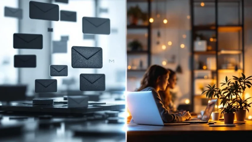 Vergelijking tussen koude e-mailinterface en warme videogesprek toont contrast tussen digitale communicatiemethoden