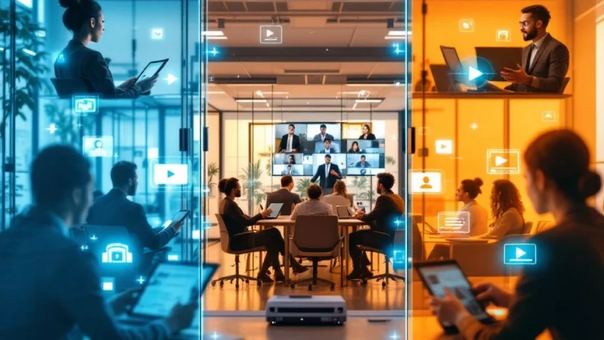Moderne kantooromgeving met vijf video-communicatiescenario's, medewerkers gebruiken tablets en laptops voor videogesprekken