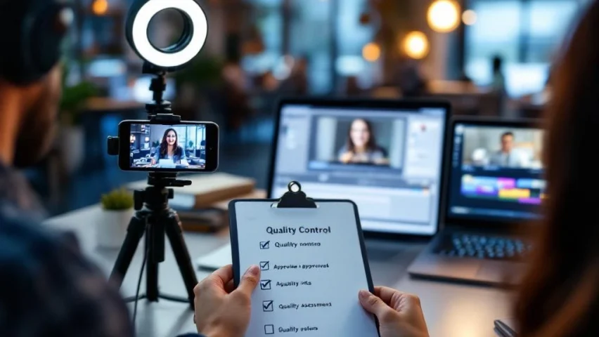 Professionele videokwaliteitscontrole setup met smartphone, laptop met bewerkingssoftware en checklist in moderne kantooromgeving