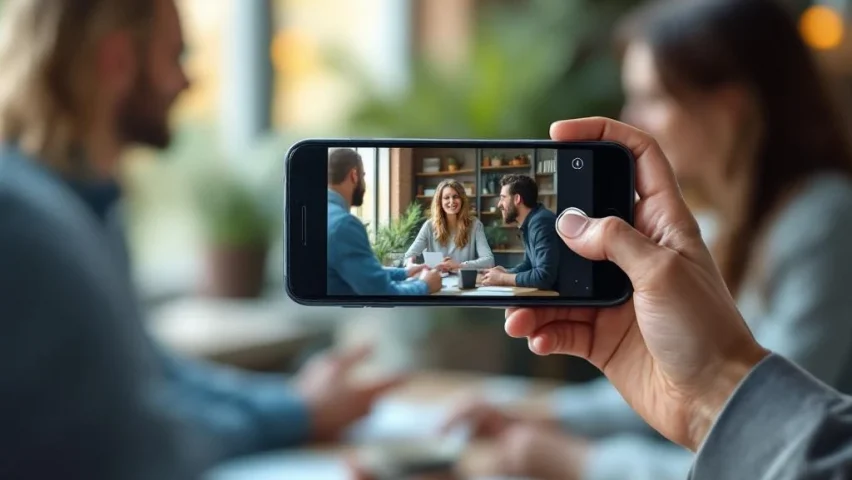 Handen houden smartphone vast om werkplekgesprek op te nemen in modern kantoor met collega's op achtergrond