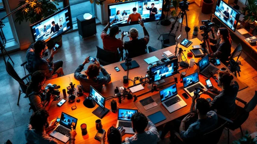 Diverse medewerkers maken bedrijfsvideo's met smartphones in modern kantoor met blauwe en oranje verlichting