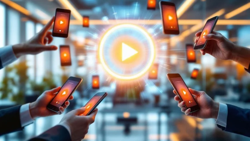 Werknemers maken video's op smartphones en tablets in modern kantoor met zwevende apparaten en opname-interfaces