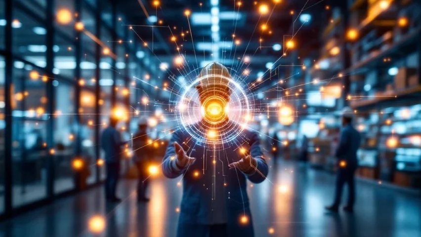 Digitale communicatiehub verbindt drie diverse werkplekken: modern kantoor, bouwplaats en winkel met gloeiende verbindingslijnen