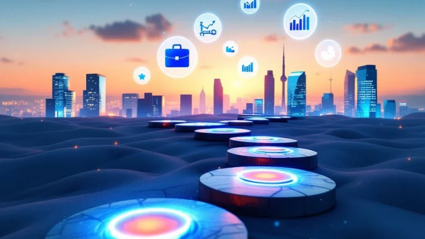 Verlicht pad van stenen door moderne kantoorgebouwen met zwevende carrière-iconen en blauw-oranje verlichting