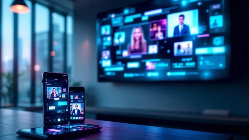 Moderne kantooromgeving met groot wandscherm en smartphones die videocommunicatie-apps tonen in blauw en paars licht