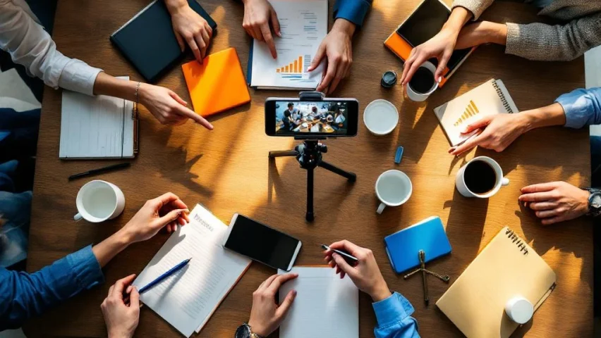 Diverse handen werken samen rond smartphone op statief voor video-opname op moderne vergadertafel met documenten en tablets