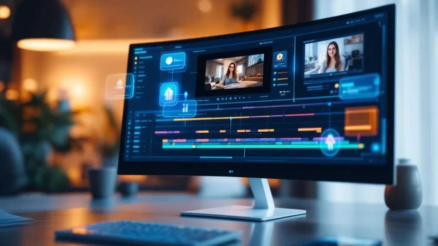 Moderne kantoorwerkplek met gebogen monitor die video-editing timeline toont, omringd door holografische onboarding-iconen