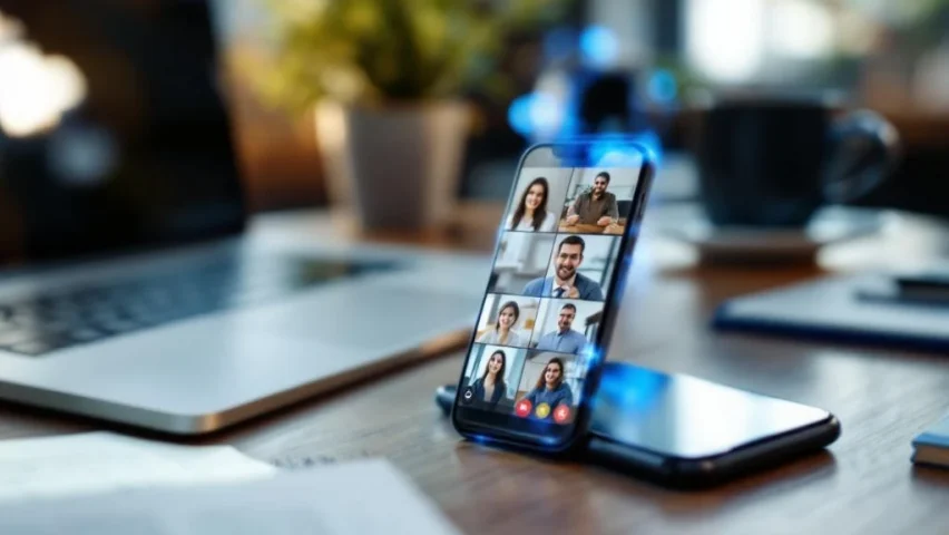 Smartphone met videobel-interface toont meerdere werknemers op kantoorbureau met laptop en koffiekop