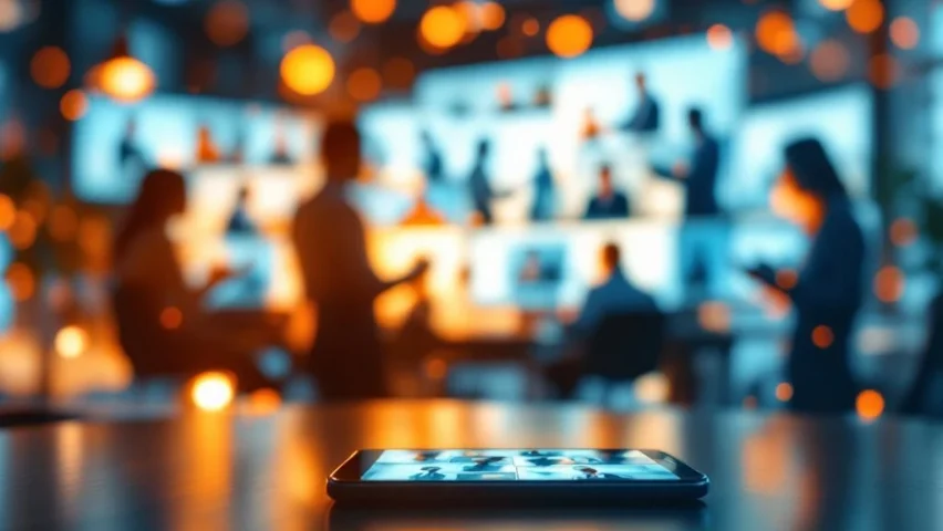 Smartphone toont video-interface met branding-elementen in modern kantoor met videogesprekken op schermen