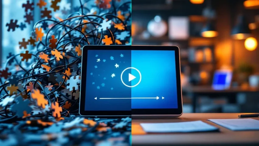 Tablet met video-interface toont moderne werkplek onboarding versus chaotische traditionele methoden in split-screen weergave