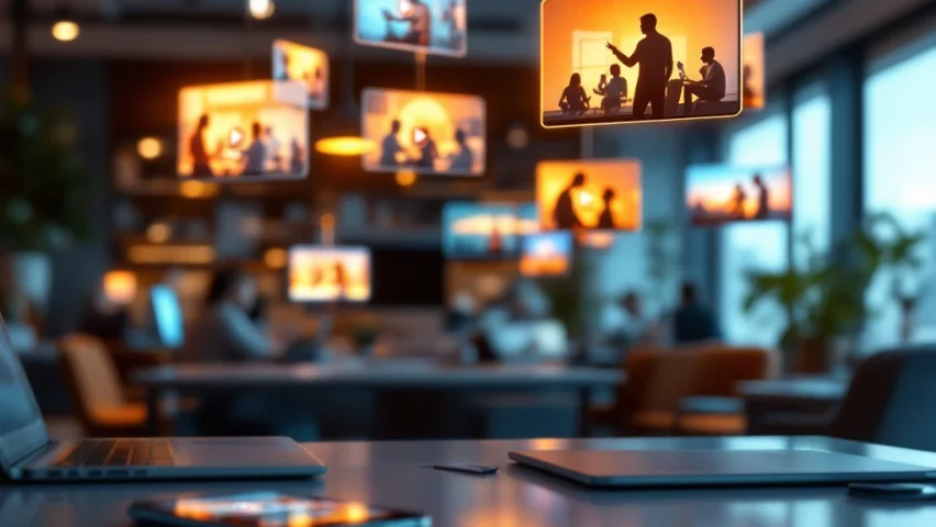Moderne kantooromgeving met zwevende videoschermen die werknemers tonen, smartphone en laptop met videominiaturen op voorgrond