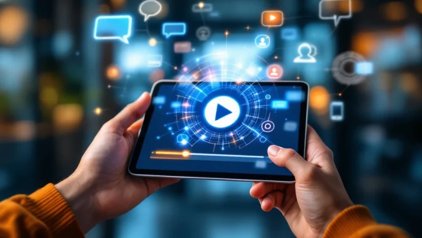 Handen houden tablet met video-interface en holografische pictogrammen voor werknemerbetrokkenheid in moderne kantooromgeving