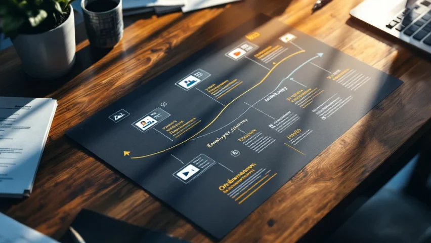 Houten bureau met moderne werknemer traject tijdlijn visualisatie, video iconen en laptop in warm bedrijfslicht
